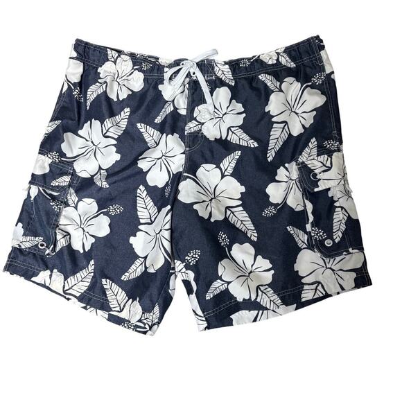 Swim Trunks OP Mens 2XL Hawaiian Print Navy White Holiday Vacation 44-46 - Picture 1 of 5